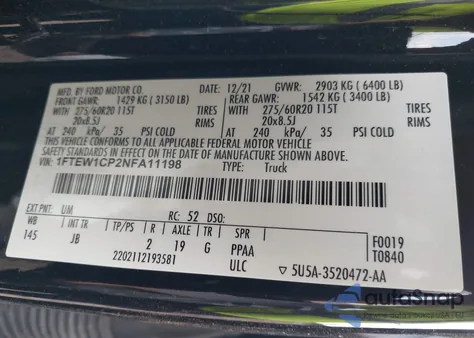 2022 Ford F-150 Xl из США, поврежденный, VIN 1FTEW1CP2NFA11198